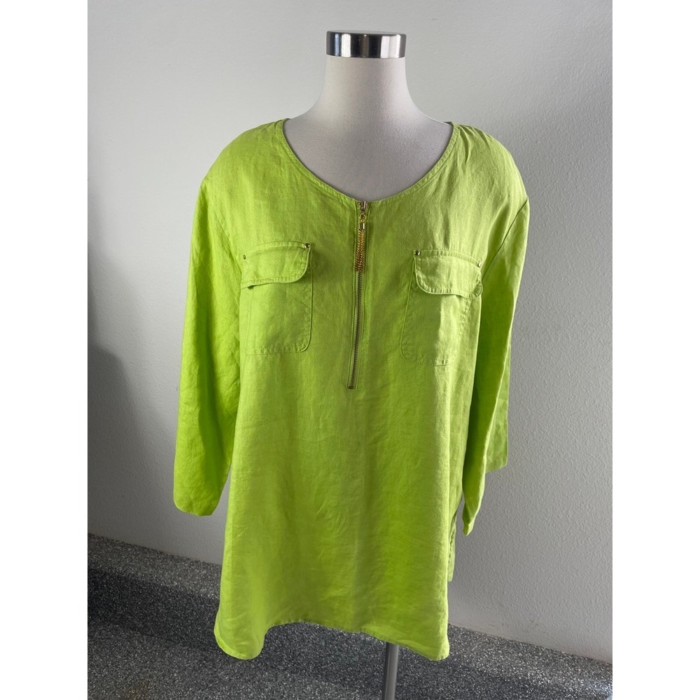Company Ellen Tracy Womens Plus XXL 100% Linen Citrine Green Zip Front Tunic Top